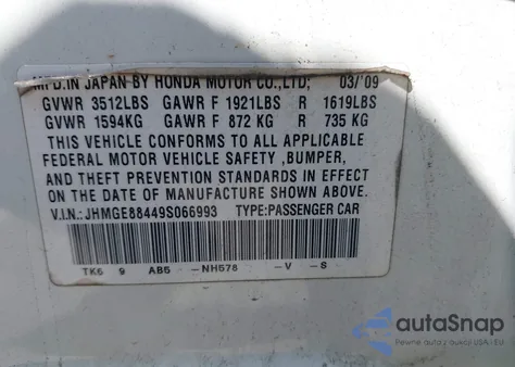 2009 Honda Fit Sport из США, поврежденный, VIN JHMGE88449S066993